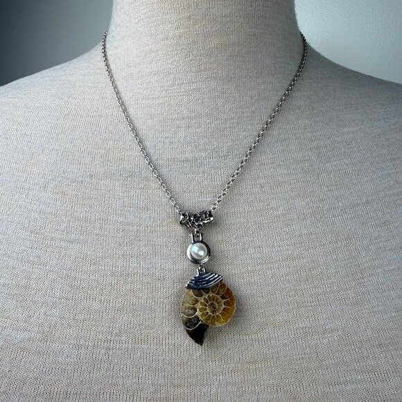 Ammonite Fossils and Real Fossil Silver Tone Pendant on Silver Tone Chain 20" - Picture 1 of 6